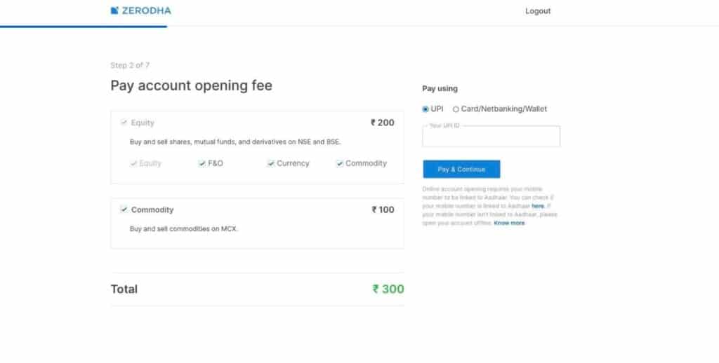 Zerodha Account Sign Up- Fee Payment Page