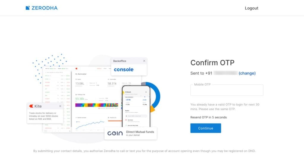 Zerodha Mobile OTP Verification Page