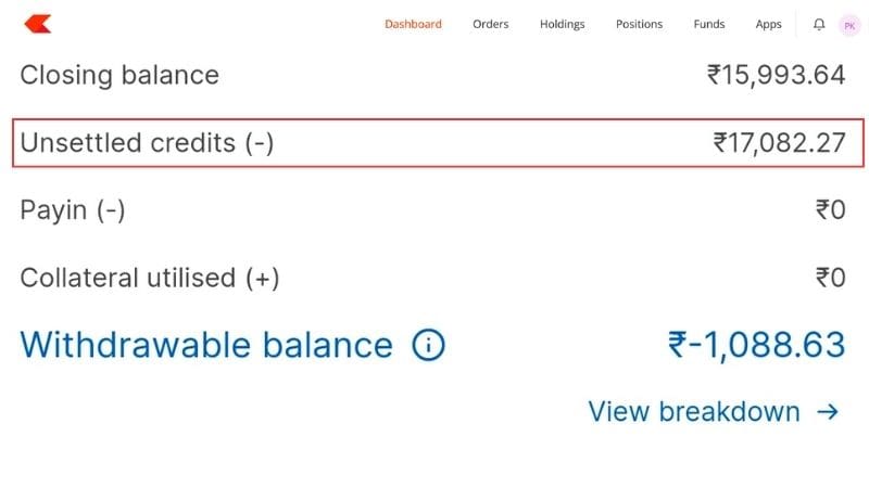 Zerodha Unsettled Credit