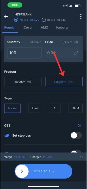 CNC Order Type in Kite App