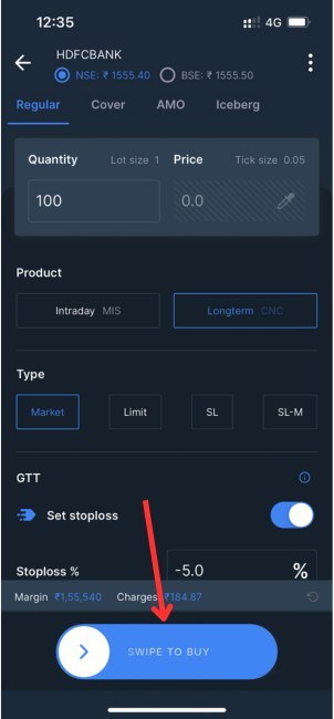 Swipe To Buy Share in Zerodha Kite